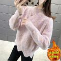 加绒/不加绒秋冬半高领针织打底衫宽松加厚毛衣女 L建议110-120斤 粉色【加绒】
