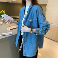 唐狮春季衬衫女复古牛仔做旧长袖衬衣小标薄款外套ins
