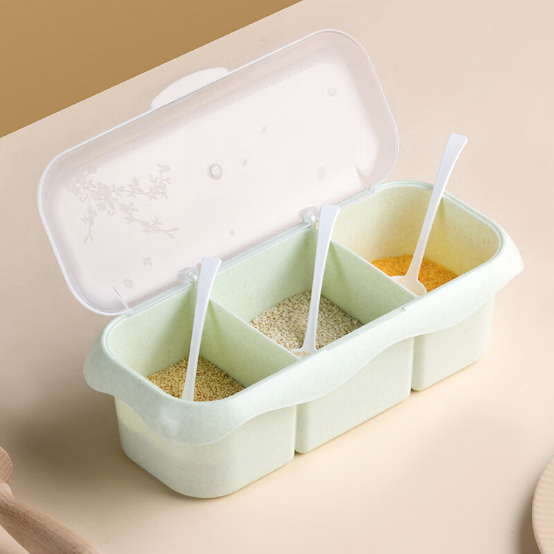 茶花25041T盐罐调味罐塑料厨房调料盒调料罐收纳调味盒 三格一体翻盖带小勺高清大图