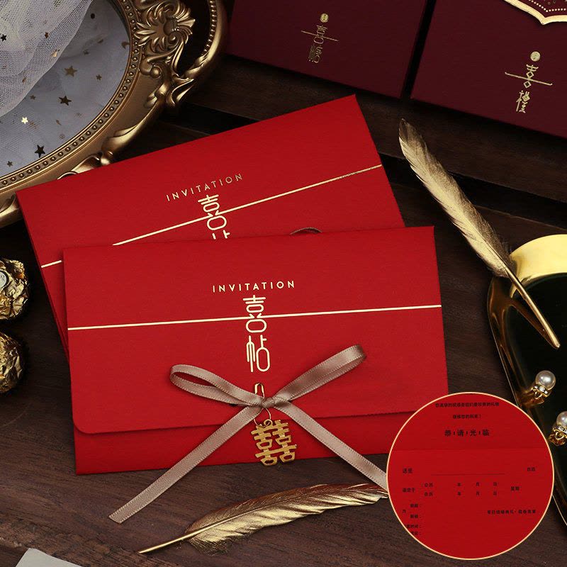大红喜帖+金丝带/10份 手写款|结婚庆请柬喜帖2021婚礼创意用品订婚书中婚宴邀请函请帖图片