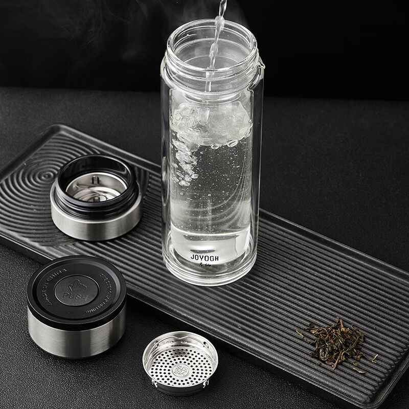 吉佑单手一键按压开盖玻璃杯双层车载茶水分离泡茶杯男士专用水杯JY9029高清大图