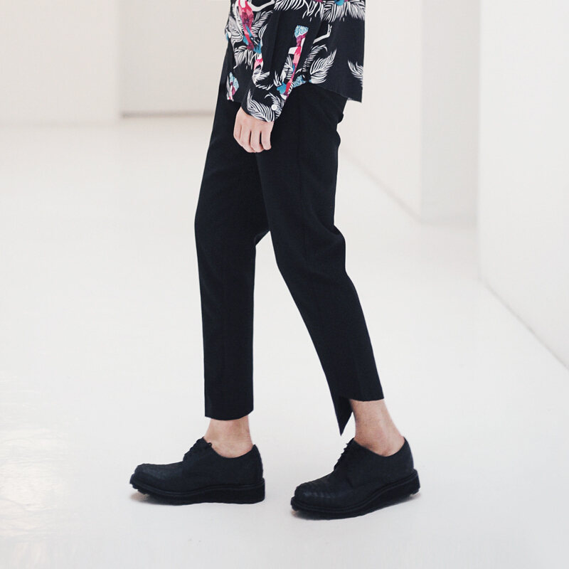 黑色九分裤男修身小脚裤休闲裤裤脚缺口9分裤韩版百搭潮流西裤黑色