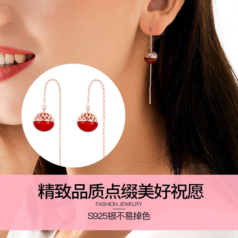佰色传情925纯银耳线玫瑰金色本命年红玛瑙耳环耳饰长耳坠