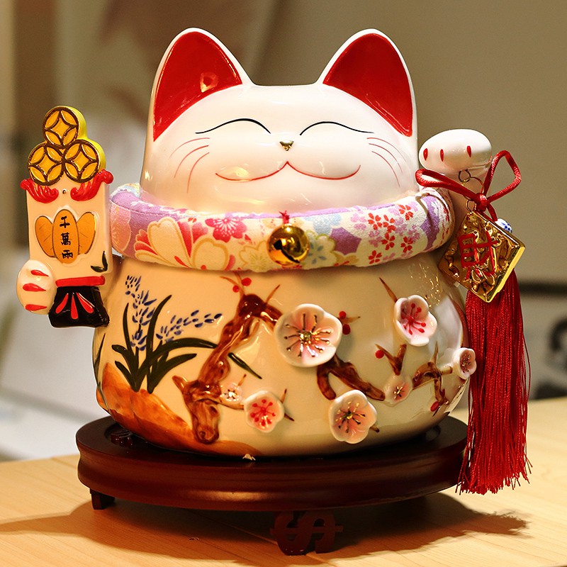 猫存钱罐大号陶瓷储蓄罐日本店铺开业创意礼品猫摆件礼品 三维工匠 10寸千万两紫樱棉垫猫高清大图