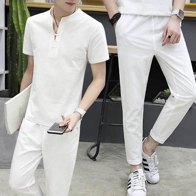 梵克公牛套装男夏季男装衣服男短袖t恤男士夏装麻宽松t