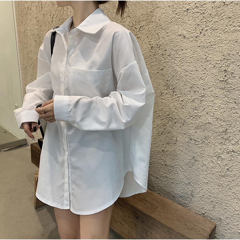 艳如飞长袖宽松中长款白色衬衫女秋季小众复古百搭外穿设计感上衣衬衣潮衬衫