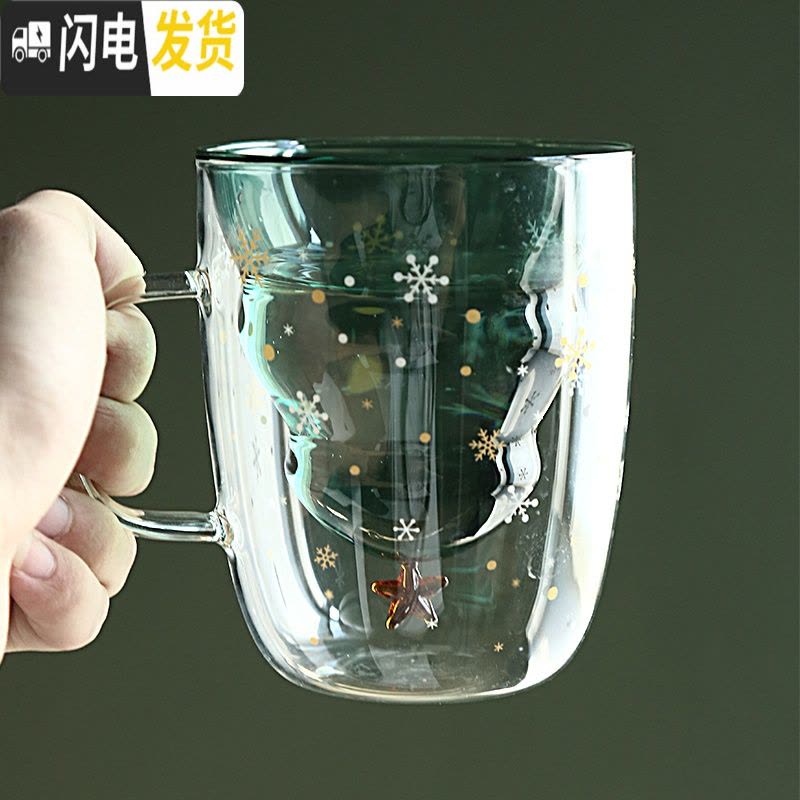 三维工匠玻璃杯ins风带把水杯简约清新森系好看的杯子家用网红创意双层杯图片