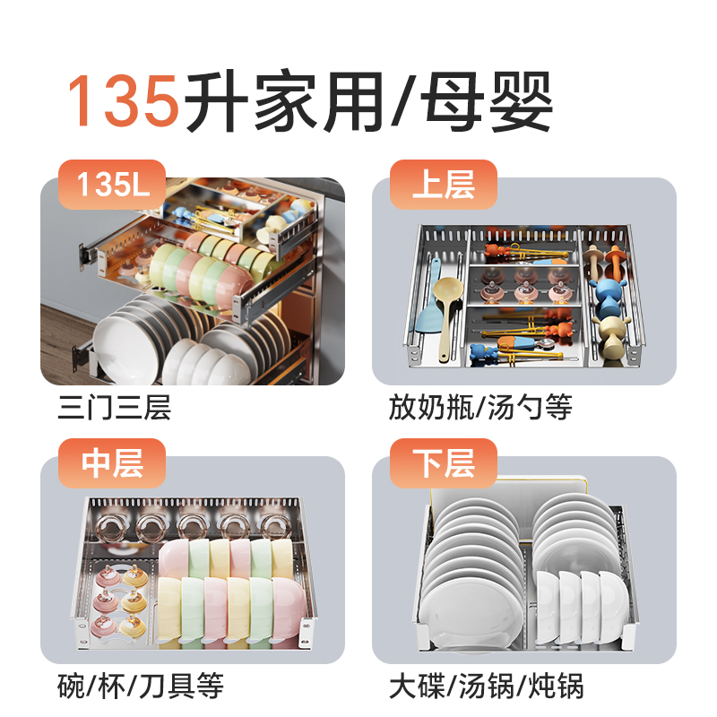康宝(Canbo)家用嵌入式消毒柜三层十区全二星304不锈钢热风循环消毒碗柜XDZ135-ER930高清大图