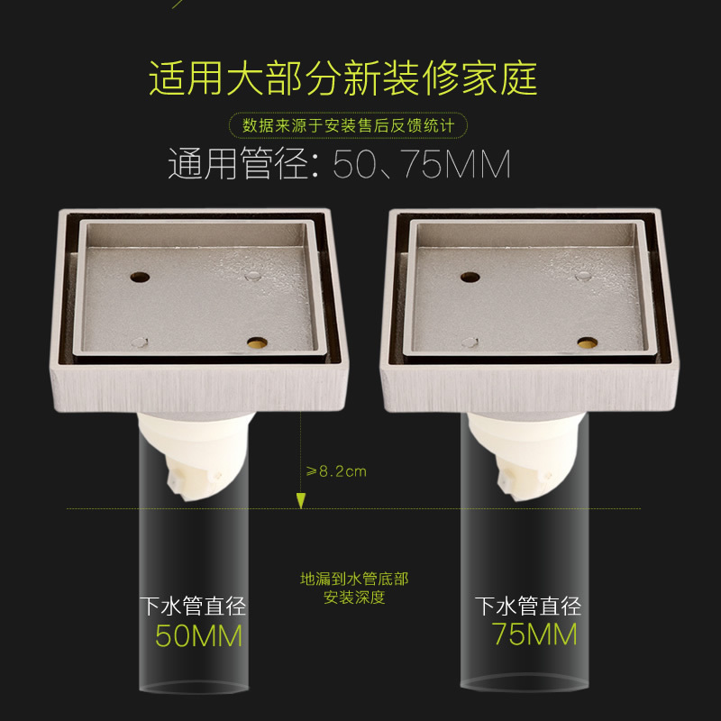 潜水艇隐形地漏 卫生间防臭全铜拉丝淋浴大排量 大隐系列内嵌瓷砖LTD50-10