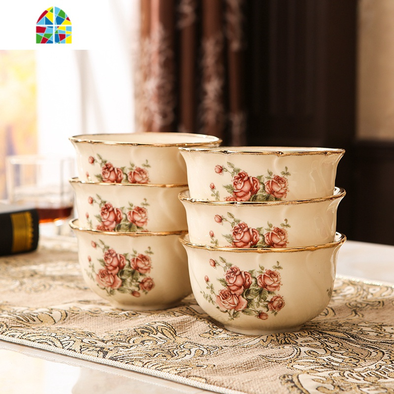 韩国金镶边碗家用组合欧式碗陶瓷米饭碗筷餐具套装碗盘家用吃饭 FENGHOU 墨绿英寸饭碗(10个装)