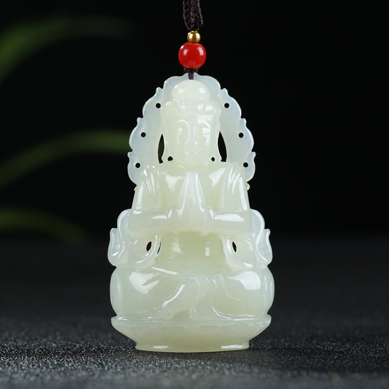 [普渡众生]新疆和田玉吊坠玉坠白玉观音镂空牌挂件玉佩天然玉石