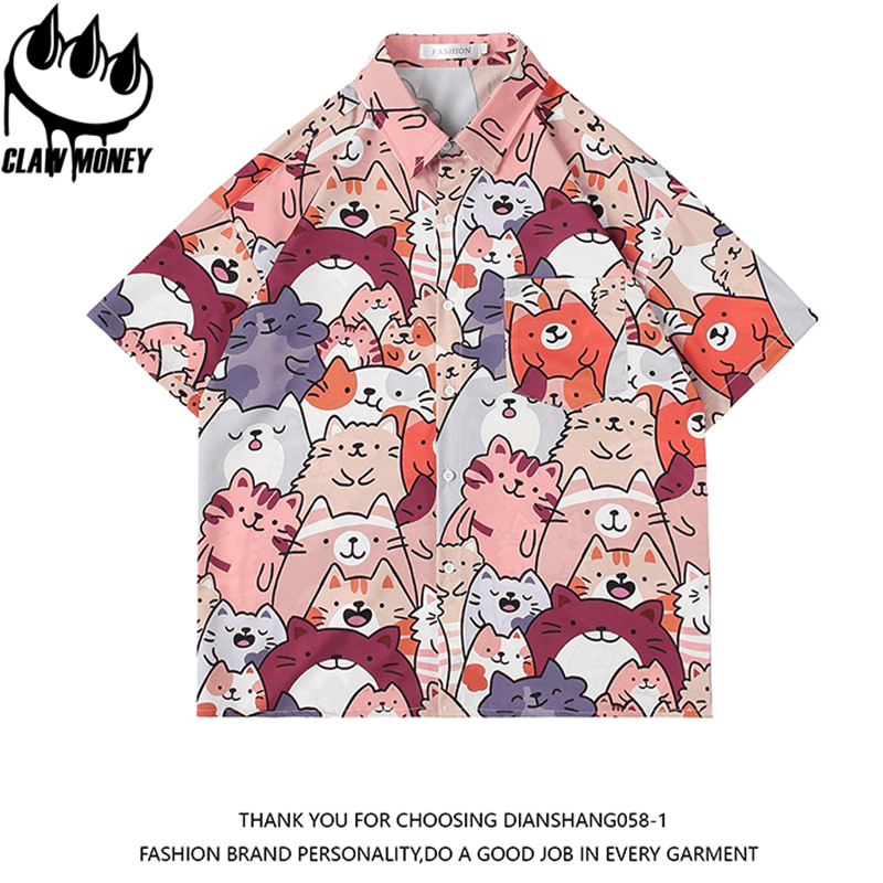 Claw money猫咪涂鸦花衬衫男短袖夏季潮牌冰丝宽松大码沙滩衬衣图片