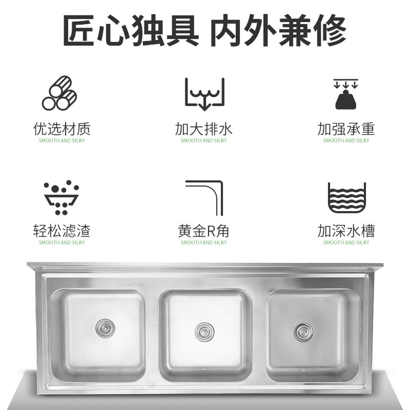 圣托商用水池三星洗碗池 不锈钢餐厅三槽洗菜盆 带水龙头厨房水槽洗碗盆 STTC-BB18D高清大图
