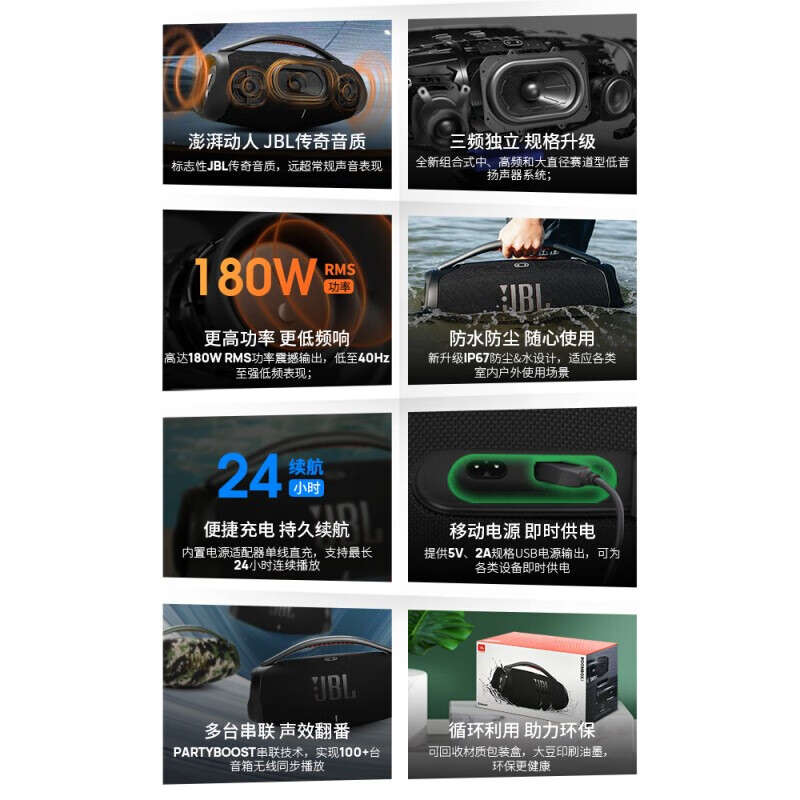 JBL BOOMBOX3 音乐战神三代 便携蓝牙音箱 低音炮 户外音箱 IP67防尘防水 Hifi音质 迷彩色高清大图