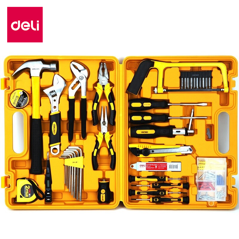 得力(deli)3703多功能手动工具套装家用组合工具箱五金工具套装53件套维修工具活扳手木工钢锯条测电笔
