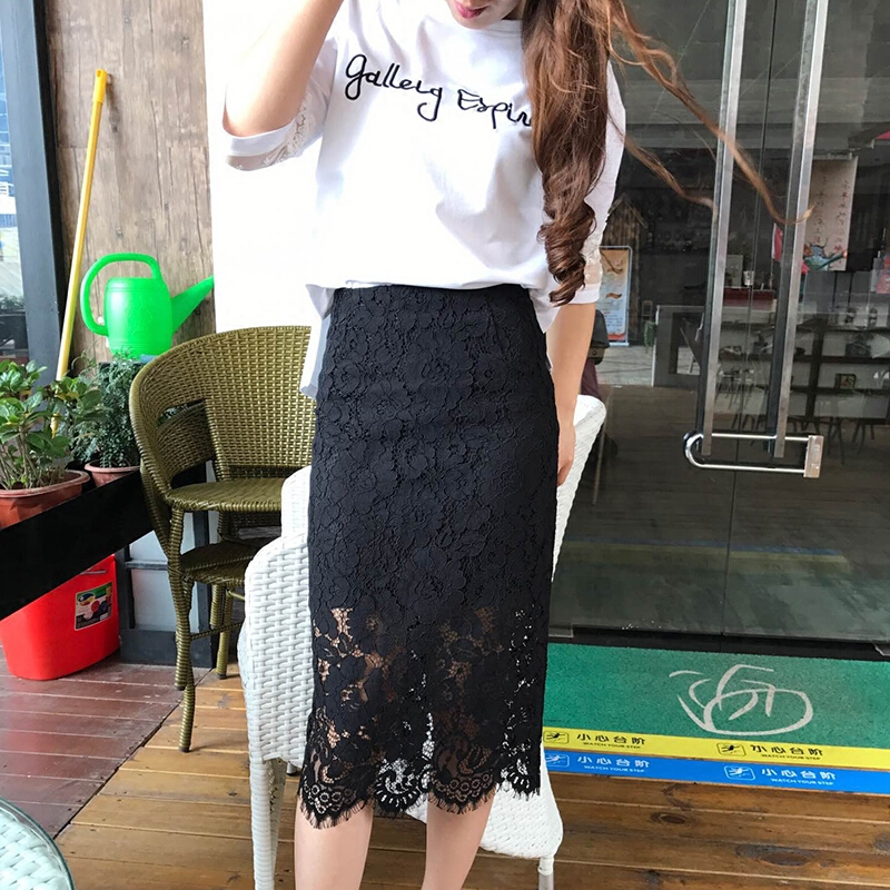 蕾丝半身裙包臀裙高腰黑色裙子女春秋中长款一步裙显瘦长裙