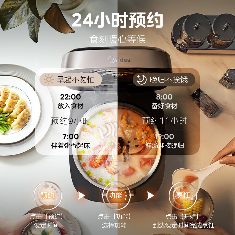 美的(Midea)电饭煲MB-HC459S 0涂层内胆电饭锅IH加热4L大容量316L不锈钢内胆多功能智能预约煮饭锅
