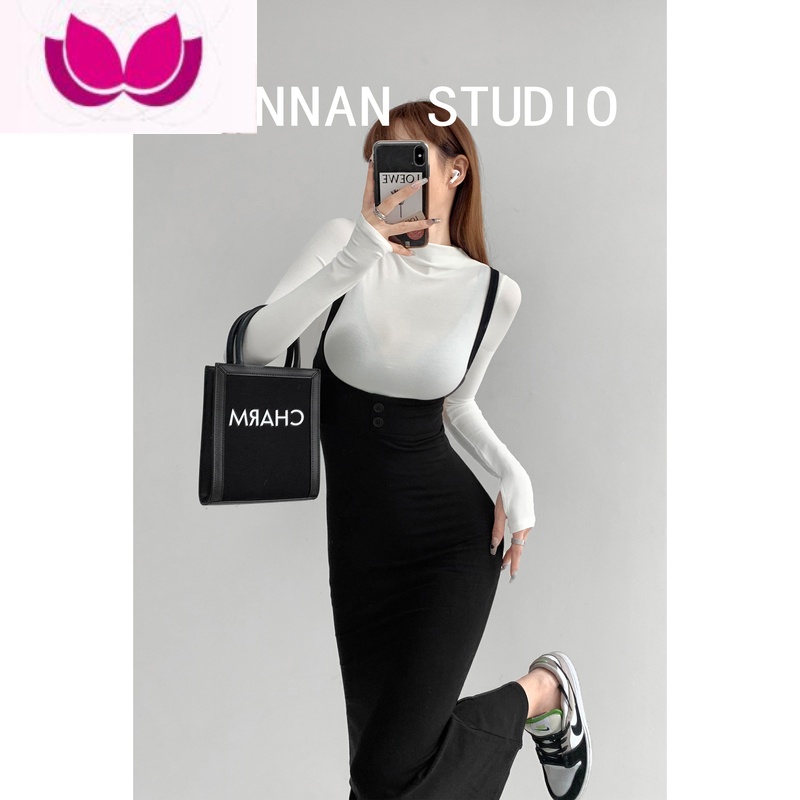 七斓纯欲套装性感包臀吊带裙高腰紧身连衣裙内搭长袖半高领打底上衣女 黑色背带裙 S