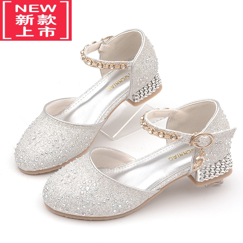 可莉允女童高跟鞋公主儿童包头凉鞋宝石皮鞋配纱裙白色软底小孩子水晶鞋运动休闲鞋