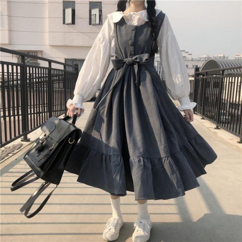 套装连衣裙女春夏季韩版宽松显瘦小清新学院风衬衣+中长款背带裙 202 黑色单件裙子 XS 建议60-85