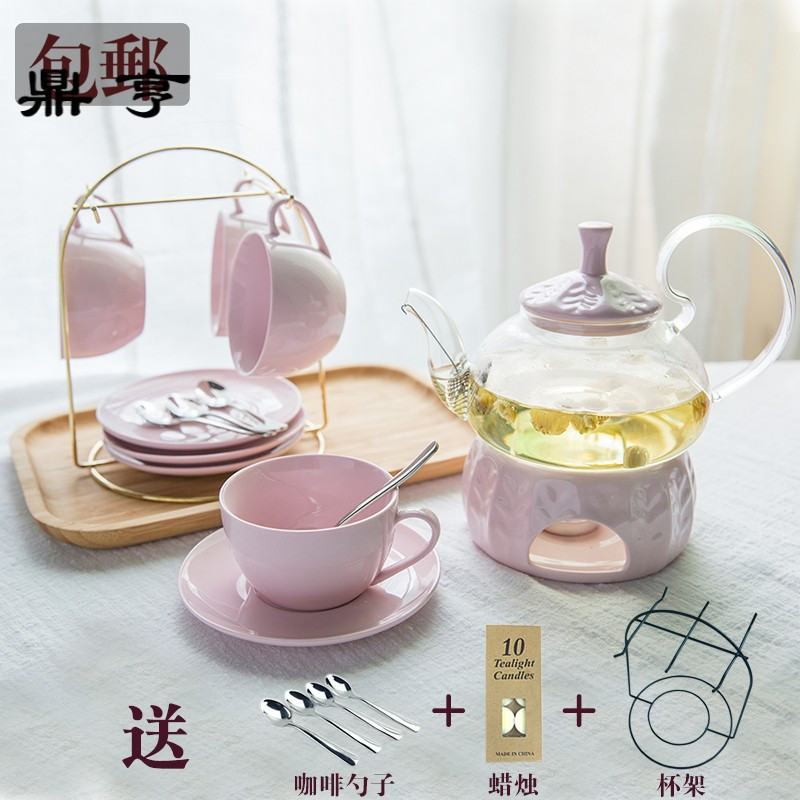鼎亨花茶具套装可加热玻璃壶下午茶具带过滤保温底座花茶杯碟糖果