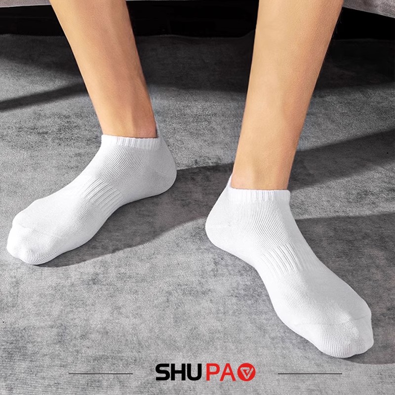 舒跑短筒男船袜子春夏黑白纯色加厚毛巾底舒适耐磨透气运动袜子女高清大图