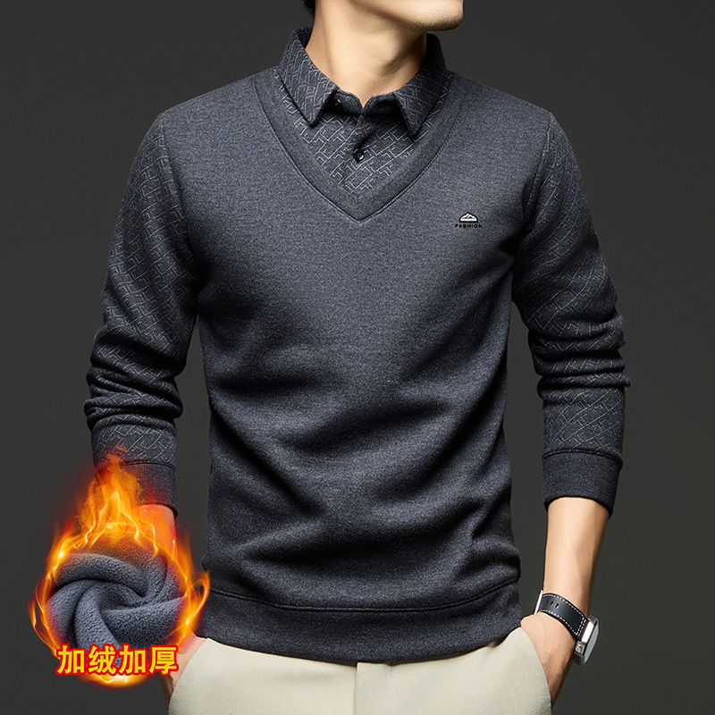 含羊毛假两件男士毛衣爸爸装秋冬季新款加绒保暖翻领打底针织衫男高清大图
