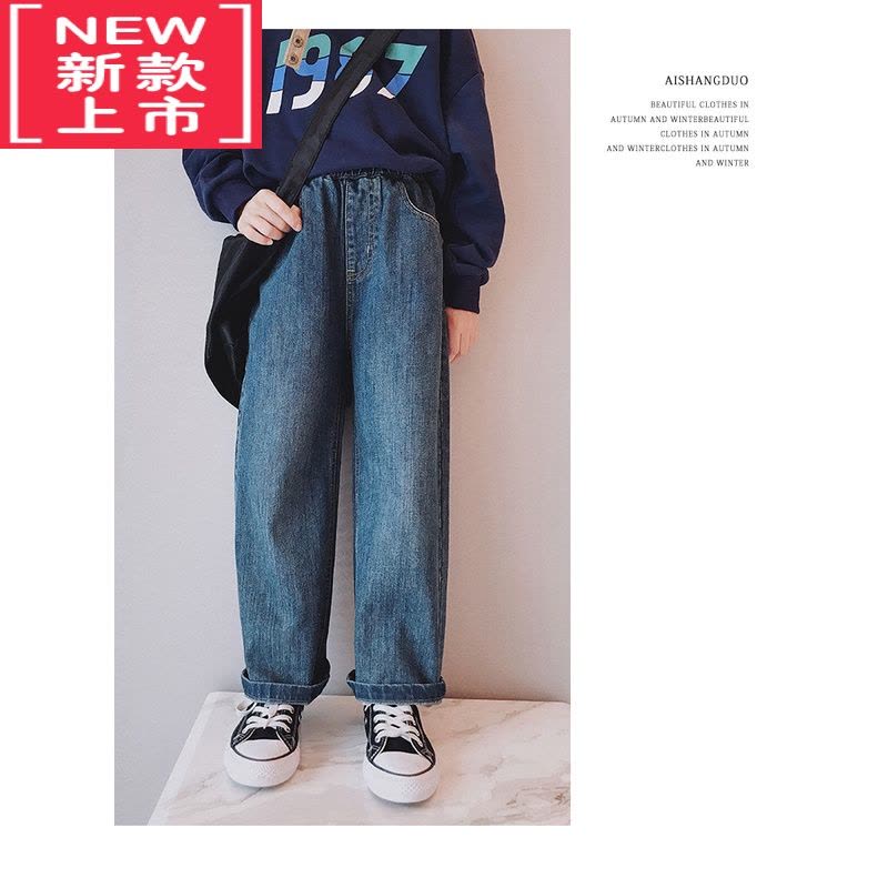 可莉允女童牛仔裤冬装2022新款韩版中大童洋气宽松直筒加绒加厚保暖长裤保暖裤图片