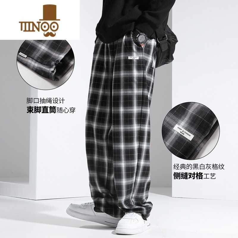 yanxu格子裤子男黑白棋盘格直筒休闲裤宽松大码阔腿运动长裤夏季