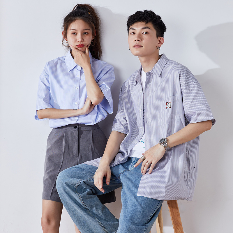 99元任选2件唐狮夏季情侣条纹衬衫男女宽松情侣装韩版短袖学生薄款