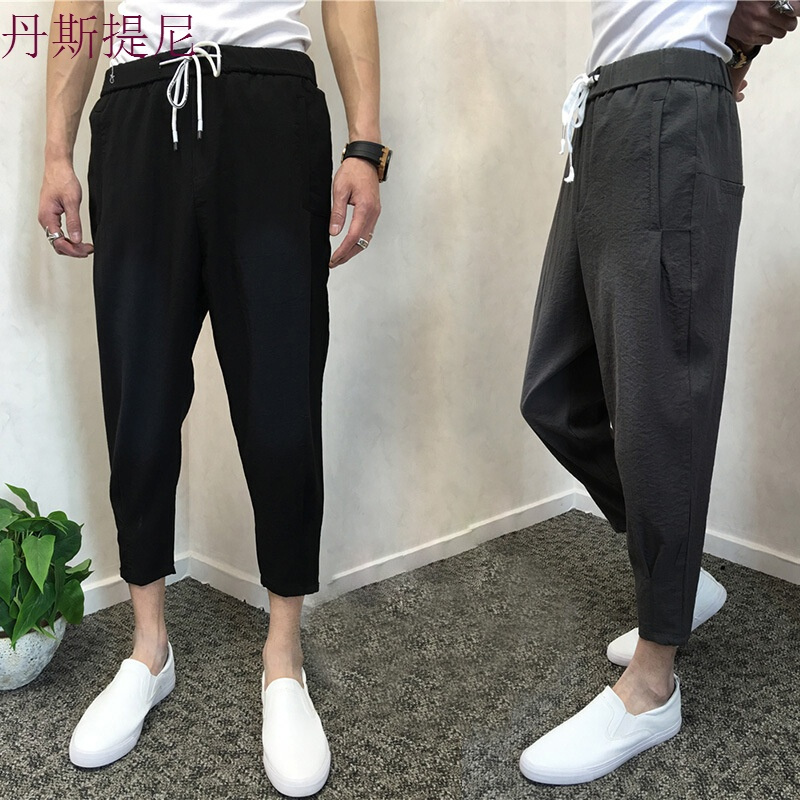 18男七分裤夏季韩版修身棉麻休闲裤薄款小脚潮流精神社会小伙7分
