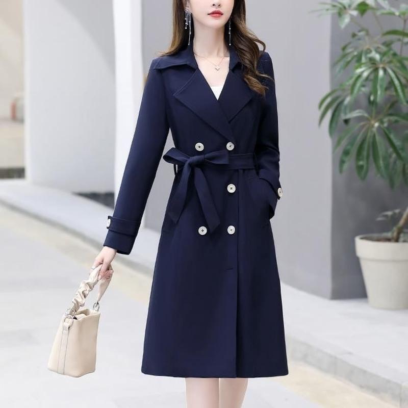 精品风衣女中长款秋装2021年新款高端气质流行大衣有里布经典款 藏青色本色里布 M 100斤以内