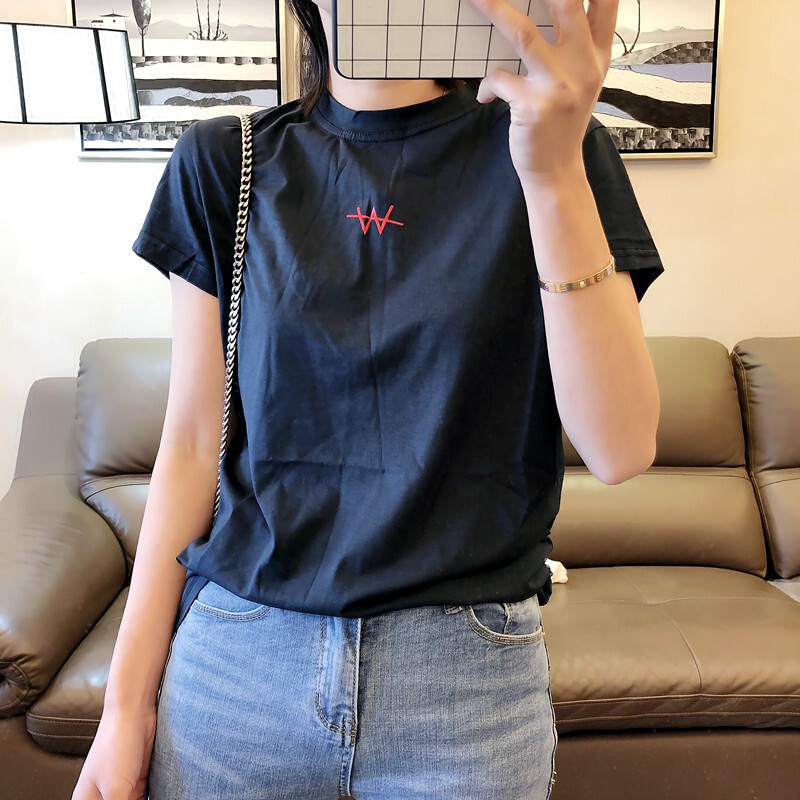 2018夏季新款休闲舒适字母百搭短袖T恤女潮藏青色均码