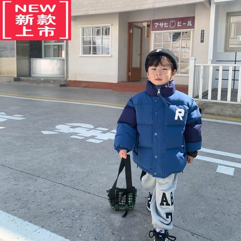 可莉允小小郑童装儿童棉衣宝宝字母拼接蓝色短款厚实暖和男童棉服外套图片