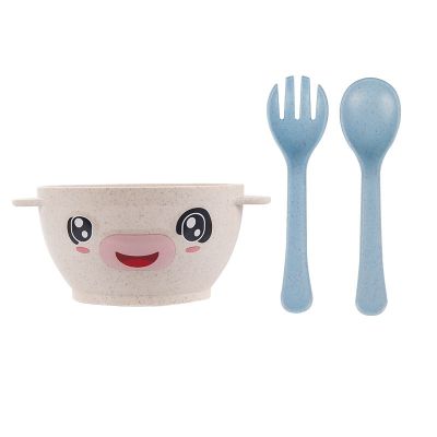 蓝色小牛碗+叉勺 儿童餐具套装碗小孩宝宝婴儿辅食碗耐烫防摔小麦秸秆碗吃饭杯叉勺
