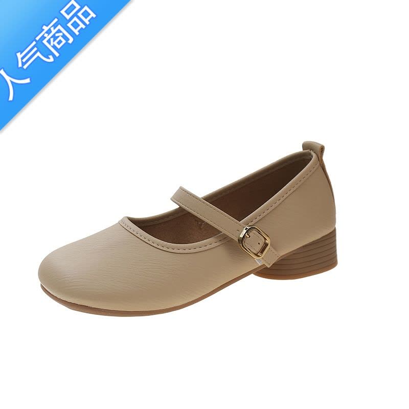 SUNTEK软底小白鞋女温柔风奶奶鞋春秋新款小皮鞋粗跟浅口玛丽珍单鞋图片