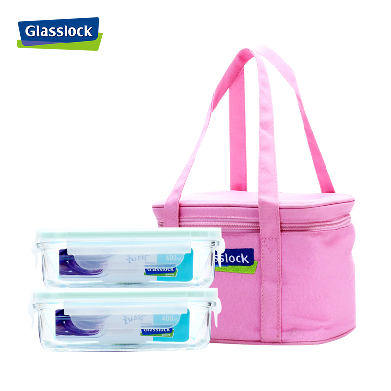 三光云彩(GLASSLOCK) 钢化玻璃保鲜盒防漏便携密封盒套装400ml*2长方形食品便当盒GL18