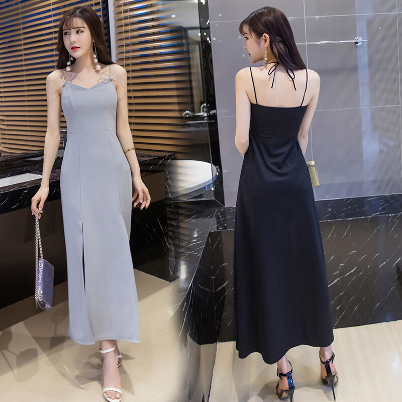 露背V领抹胸性感带连衣裙2018夏季新款女装修身显瘦开叉长裙潮