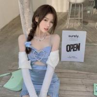 蓝色爱心镶钻修身包臀小裙子女夏2021新款短裙气质镂空吊带连衣裙 图片色 S