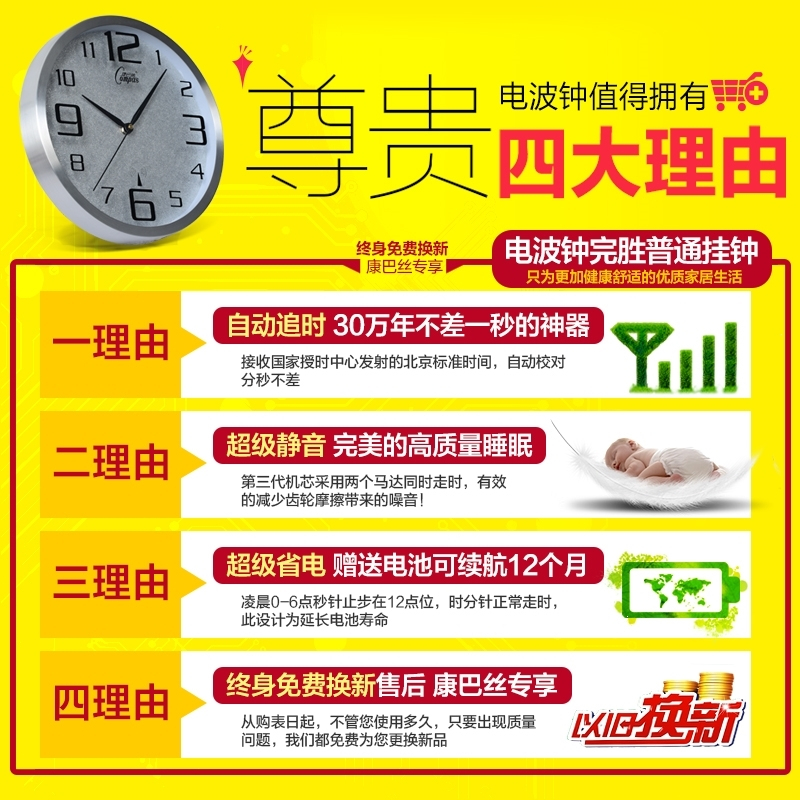 康巴丝(Compas) 欧式钟表挂钟客厅时尚创意大挂表现代电子时钟电波钟表 12英寸(直径30.5厘米) 炫彩银 抖音