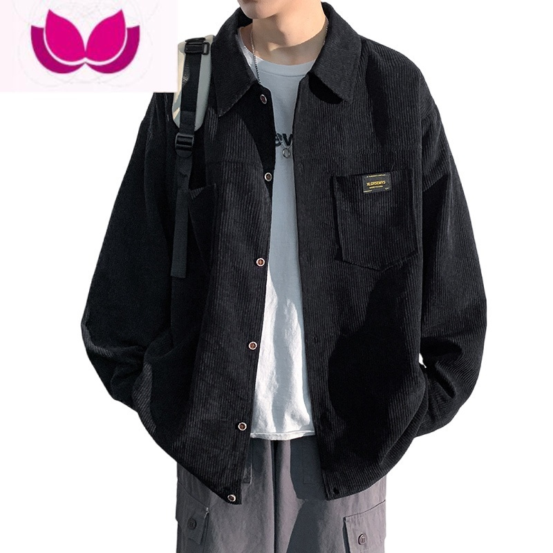 七斓港风灯芯绒长袖衬衫男新款大码日系衬衣外套潮牌休闲上衣服