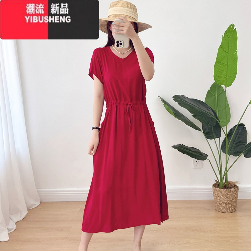 YIBUSHENG棉绸V领连衣裙女2024年季薄款收腰显瘦纯色人造棉沙滩裙大摆裙
