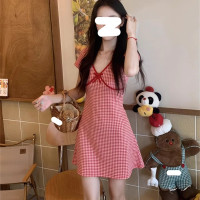 法式v领蝴蝶结格纹连衣裙子女装夏季新款纯欲风辣妹收腰包臀短裙 XL 红色