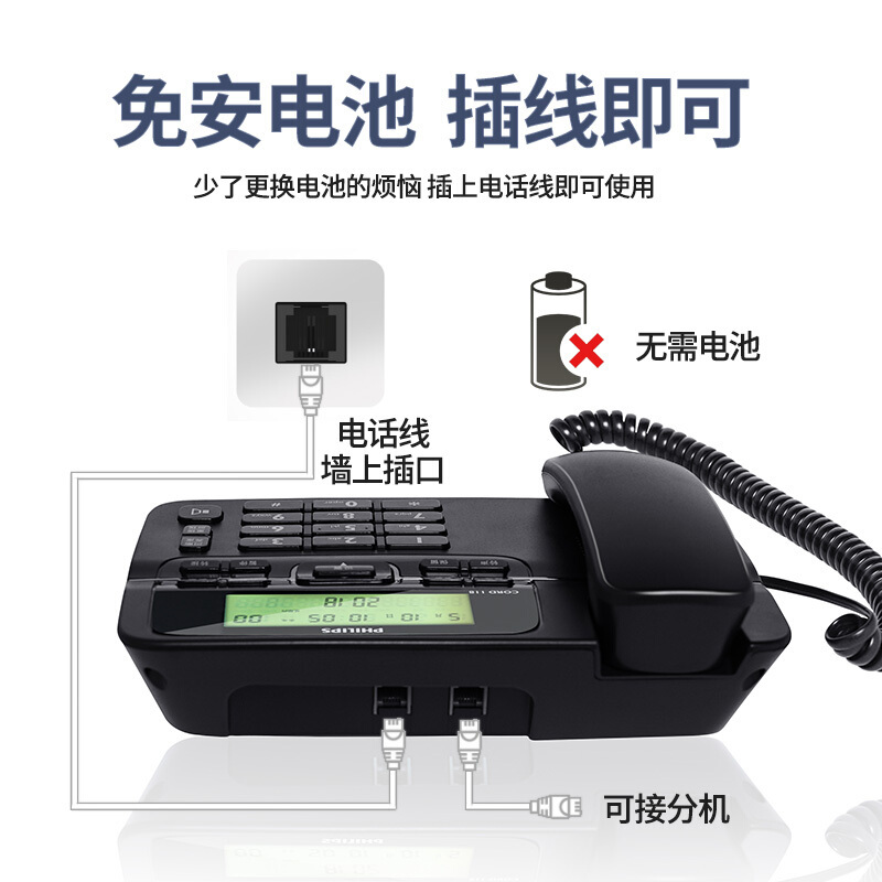 飞利浦(PHILIPS)电话机座机 固定电话 办公家用 免电池设计 来电显示 CORD118 (黑色)