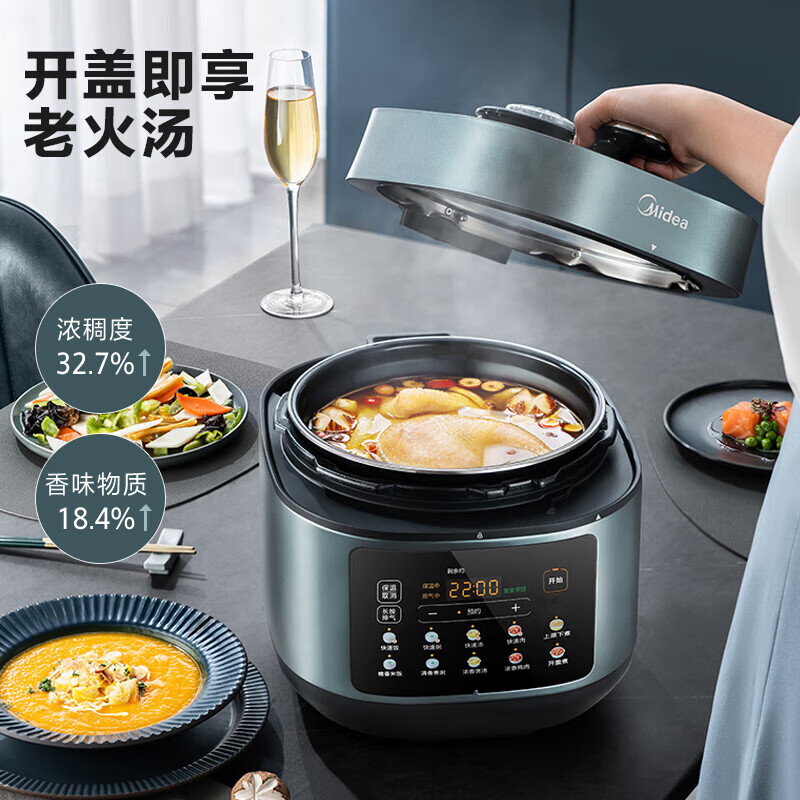 美的(Midea) MY-C552N 电压力锅 5升 双胆智能预约触控 煲汤炖肉煮饭煲 健康0涂层内胆高清大图