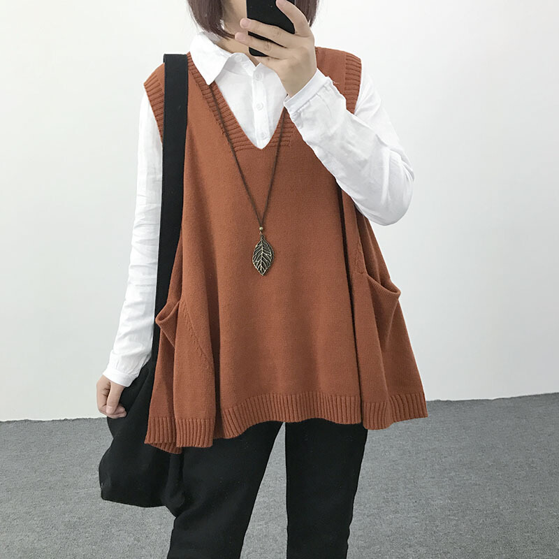 毛线背心女针织马甲宽松韩版V领中长款百搭显瘦上衣文艺坎肩马夹 桔色 均码