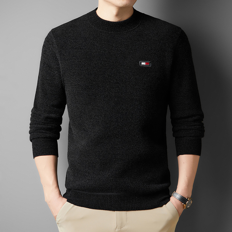 雪貂一体绒毛衣男2024冬季新款半高领加绒保暖打底男士针织衫高清大图