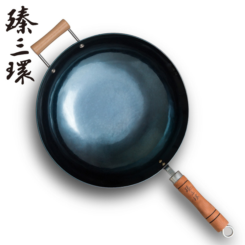 臻三环章丘铁锅家用炒锅传统老式带耳炒菜锅盛级轻音烧菜锅 盛级轻音 古法烤蓝34cm加锅耳