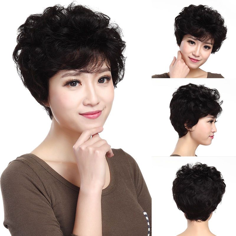 假发女短发短卷发中老年圆脸修脸气质自然仿真发丝妈妈假发套 [补发块]送发网 送发网夹子