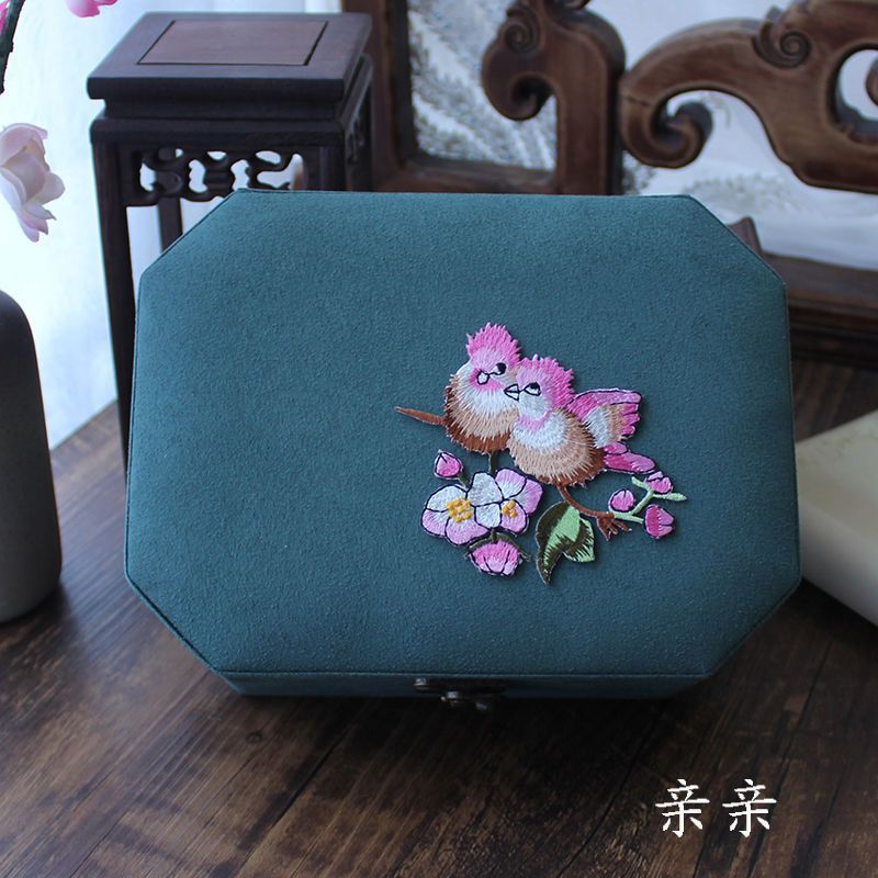 复古八角首饰盒中式刺绣饰品收纳盒古典手镯盒双层绒布戒指项链盒 竹报平安